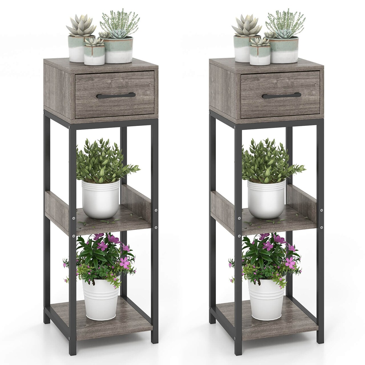 Costway 1/2 Pack 3 Tier Indoor Tall Plant Stand with Drawer Anti-tipping Devices Display Shelf